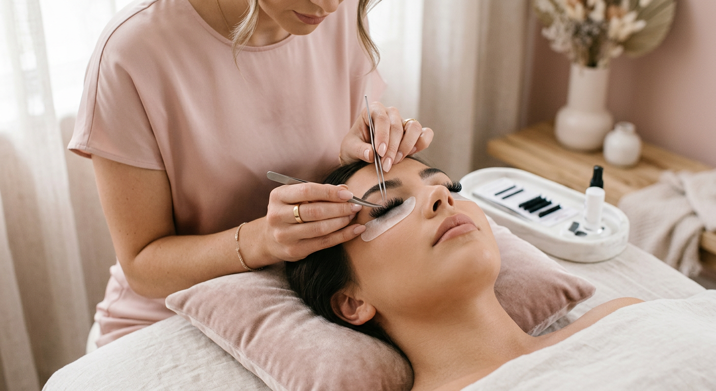 Lash designer aplicando extensão de cílios em uma cliente